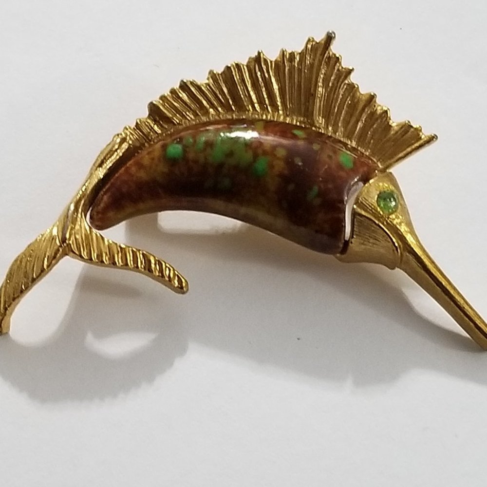 Vintage Swordfish Brooch Pin Green Rhinestone Eye